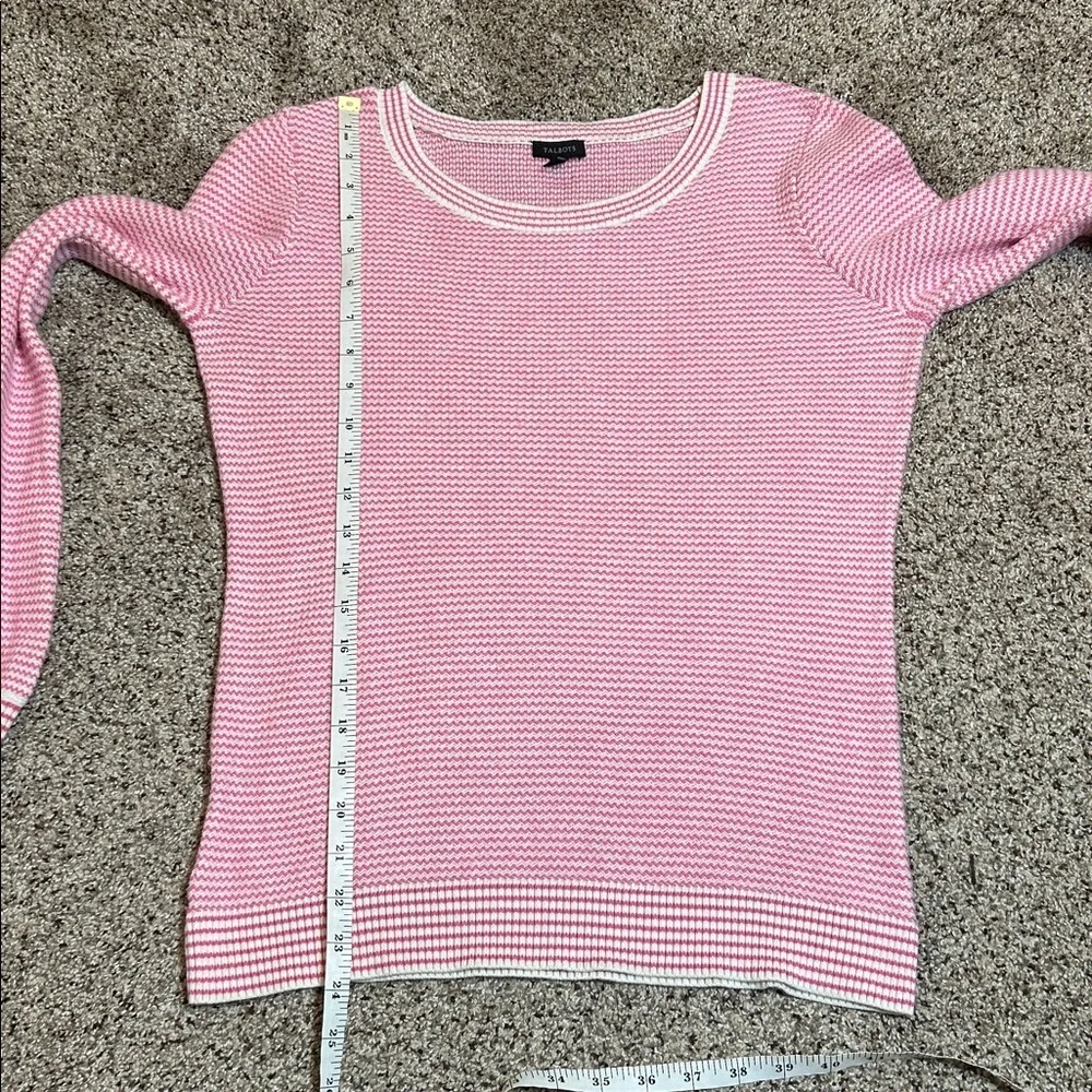 Talbots BISHOP SLEEVE STRIPE JACQUARD PULLOVER Pink and White size Small